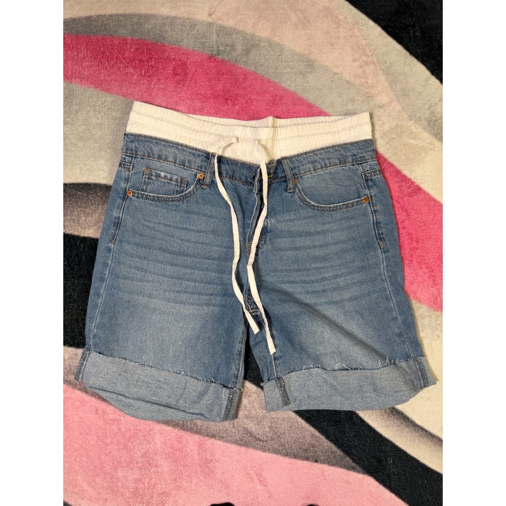 Fashion Nova Women Blue Denim Shorts White Contrast Waistband Size 7 J24411AY2